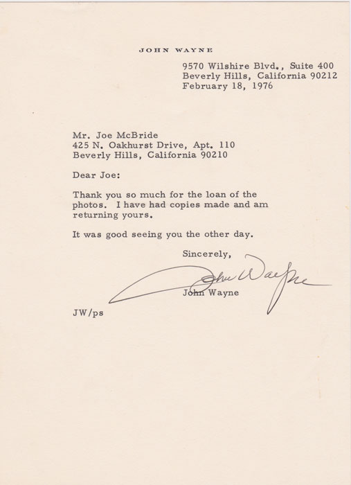 Letter from John Wayne about THE SHOOTIST, 1976
