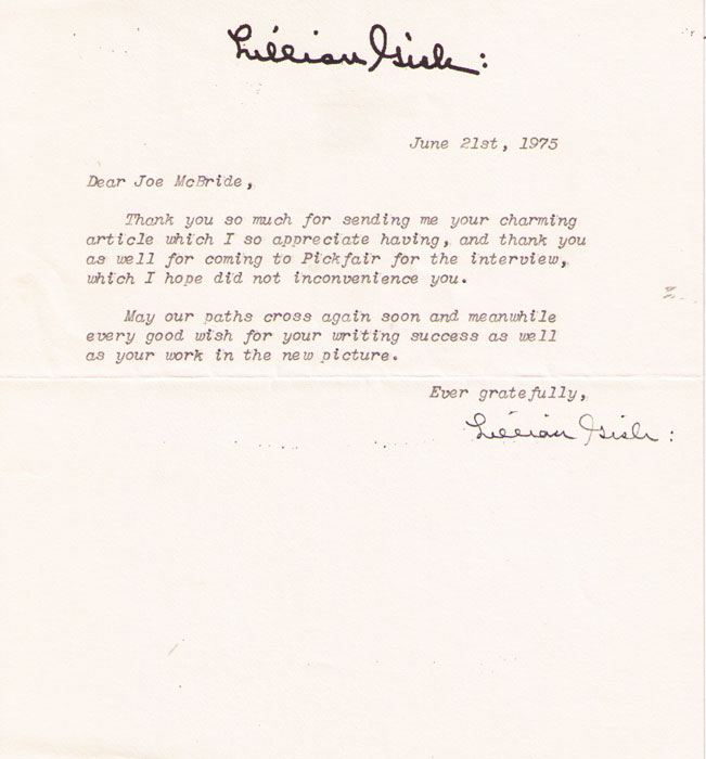 Letter from Lillian Gish, 1975
