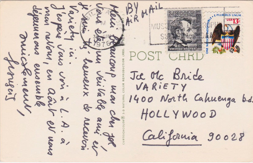 Postcard from François Truffaut from set of CLOSE ENCOUNTERS OF THE THIRD KIND, Mobile, Ala., 1976